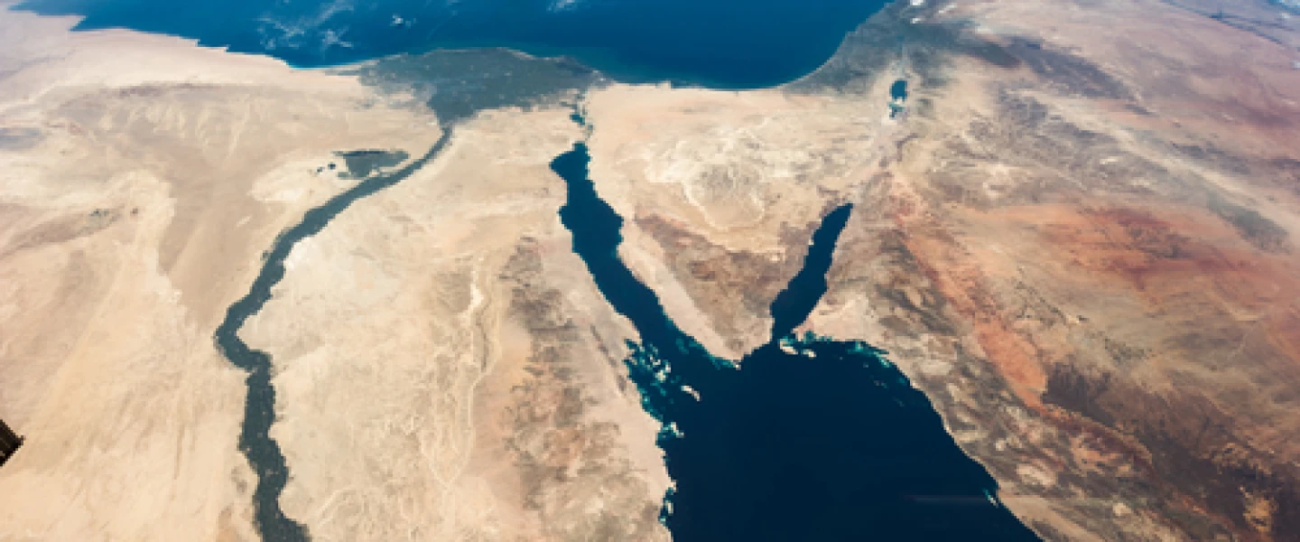 A satellite image of the Middle East that was captioned by NASA astronaut Chris Hadfield: “The Nile and the Sinai, to Israel and beyond. One sweeping glance of human history.” Credit: Julian Herzog/NASA via Wikimedia Commons.