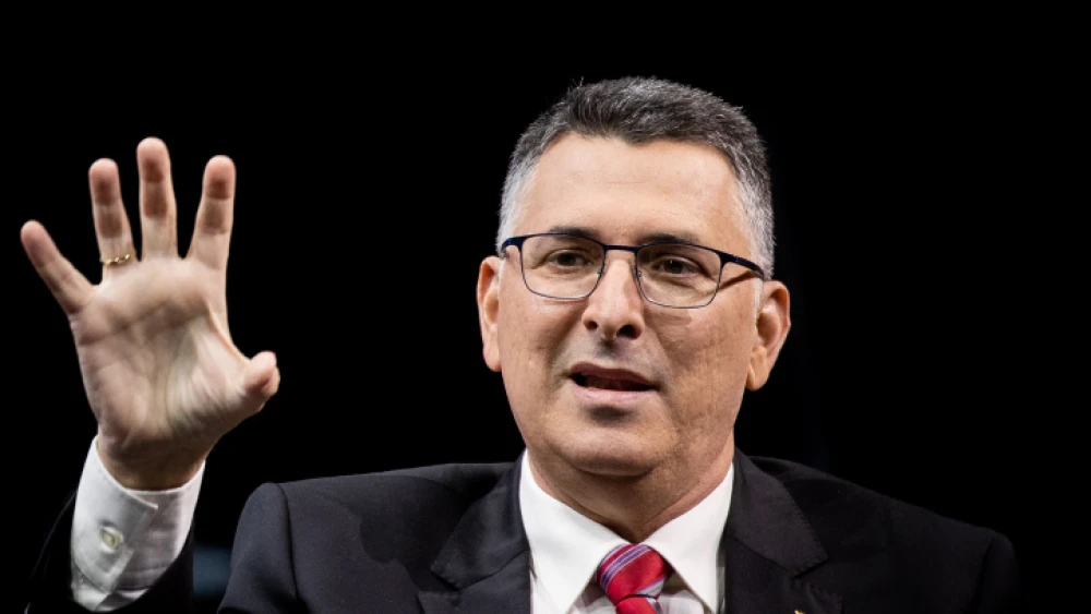 Gideon Sa'ar, head of the New Hope Party, speaks at a conference in Jerusalem on March 7, 2021. Photo by Yonatan Sindel/Flash90.