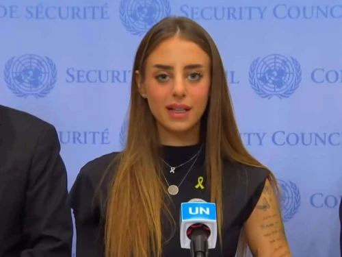Mia Shem speaks at a press conference outside the U.N. Security Council in New York on Nov. 6, 2024. Photo courtesy of Israeli Ambassador to the U.N. Danny Danon.