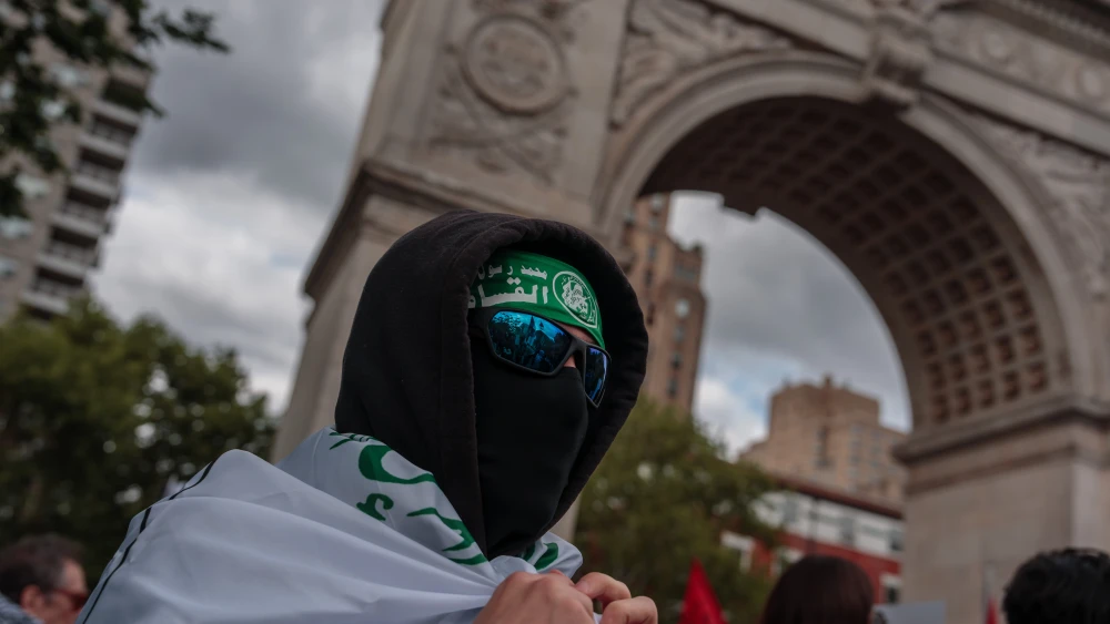 A pro-Palestinian activist wears a Hamas headband as they take part in a protest on Nakba Day on May 15, 2026 in New York City. Photo by Adam Gray/Getty Images.
