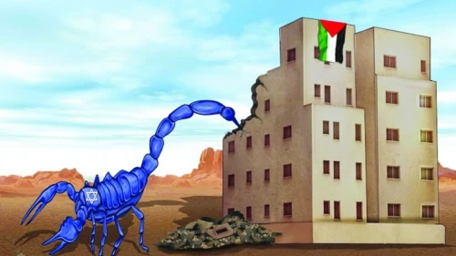 The Israeli scorpion demolishes a Palestinian building. Source: "Al-Riyadh," Saudi Arabia, Nov. 14, 2018.
