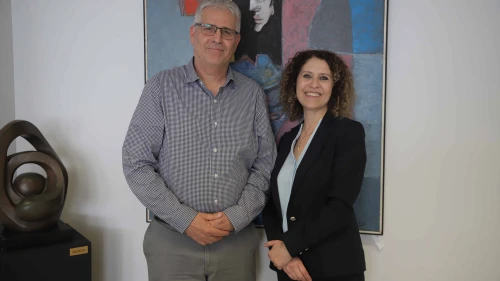Professor Mouna Maroun, the incoming rector of University of Haifa, poses with incoming president, professor Gur Alorey. Credit: Courtesy of University of Haifa.