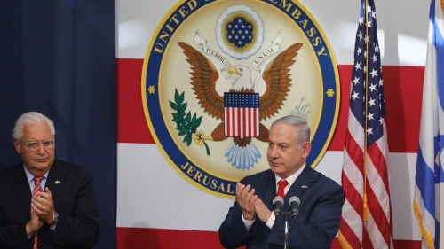 U.S. Ambassador to Israel David Friedman and Israeli Prime Minister Benjamin Netanyahu at the official opening ceremony of the U.S. embassy in Jerusalem on May 14, 2018. Credit: Yonatan Sindel/Flash90.