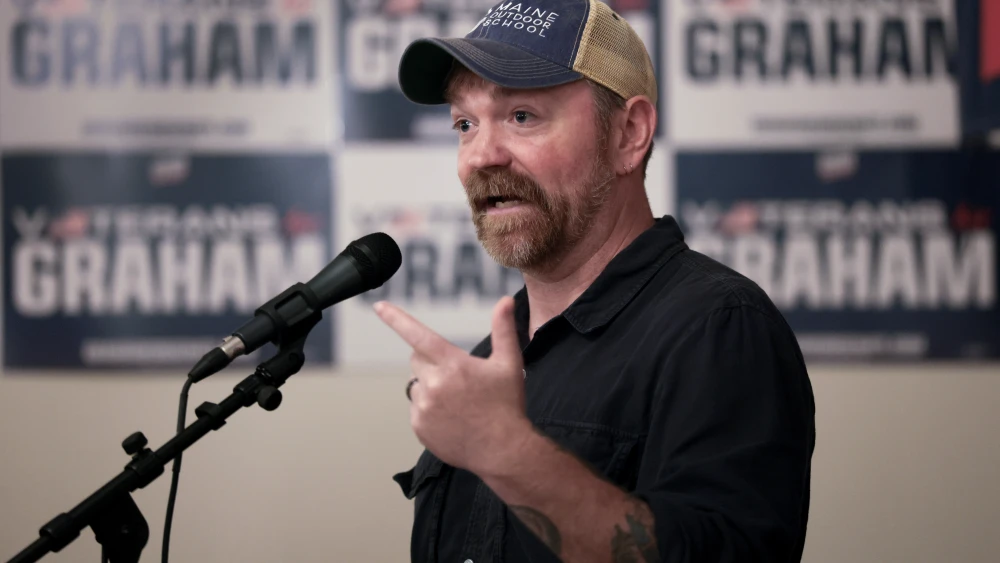 Graham Platner, the Democratic Senate candidate from Maine, speaks during a campaign event at the Veterans of Foreign Wars Post #6859 in Portland, Maine, on May 17, 2026. Photo by Joe Raedle/Getty Images.