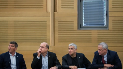 From right to left: Blue and White Party leaders Benny Gantz, Yair Lapid, Moshe Ya'alon and Gabi Ashkenazi at a faction meeting at the Knesset, on June 24, 2019. Photo by Yonatan Sindel/Flash90.
