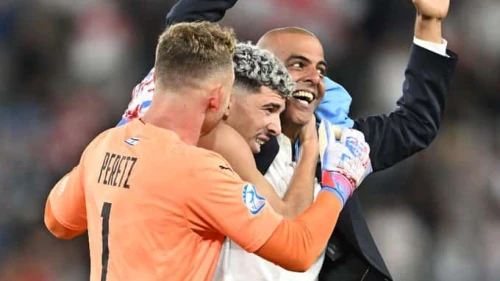 The Israel squad celebrates its penalty shootout victory over the Republic of Georgia at the 2023 UEFA European Under-21 Championship in Tbilisi, July 1, 2023. Source: Twitter.