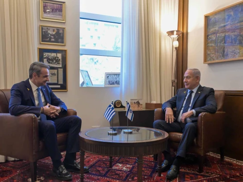 Prime Minister Benjamin Netanyahu meets with Greek Prime Minister Kyriakos Mitsotakis at the Prime Minister's Office in Jerusalem, March 30, 2025. Photo by Amos Ben-Gershom/GPO.
