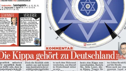 The "Bild" cut-out “kipah,” which appeared on the front page of the paper on May 27, 2019. Credit: Screenshot.