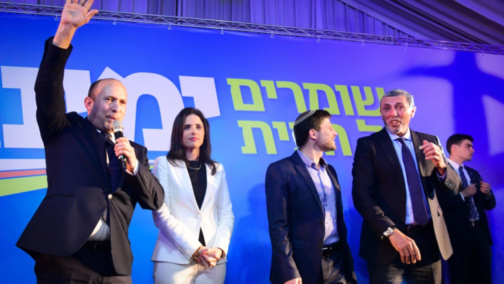 Yamina leader Naftali Bennett (left) seen with senior party members Ayelet Shaked (second from left), Bezalel Smotrich (second from right) and Rabbi Rafi Peretz, at the Yamina headquarters on election night, in Ramat Gan, Israel, on March 2, 2020. Photo by Flash90.