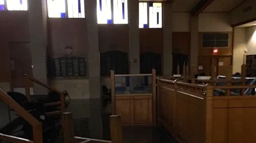 Flood damage from Hurricane Harvey at United Orthodox Synagogues (UOS) of Houston. Credit: Robert Levy via Facebook.