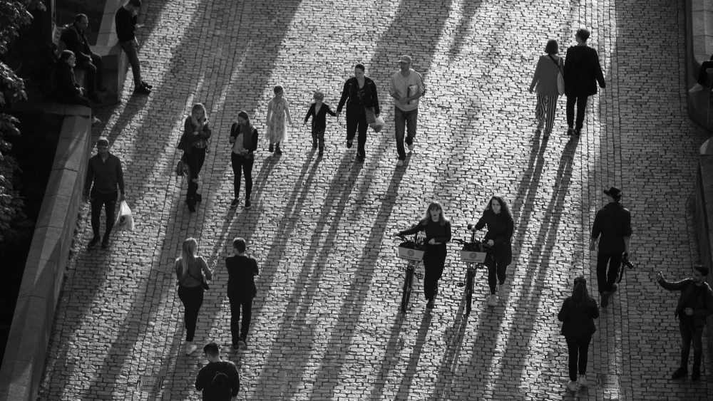People Walking in City, Black and White