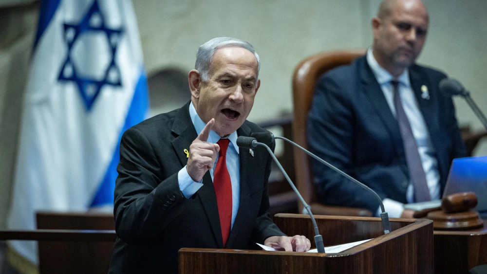 Israeli Prime Minister Benjamin Netanyahu speaks during a 40-signature debate at the Knesset in Jerusalem, May 28, 2025. Photo by Yonatan Sindel/Flash90.