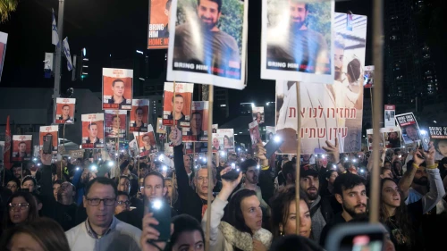 Israelis attend a rally calling for the release of Israelis kidnapped by Hamas terrorists in Gaza, at "Hostage Square" in Tel Aviv, Jan. 6, 2024. Photo by Miriam Alster/Flash90.