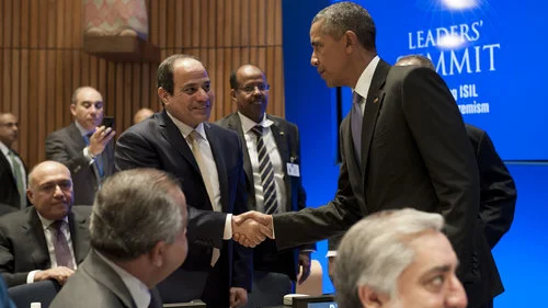 Egyptian President Abdel Fattah El-Sisi and U.S. President Barack Obama shake hands at the United Nations-hosted Leaders’ Summit on Countering Violent Extremism on Sept. 29, 2015. Credit: UN Photo/Kim Haughton.