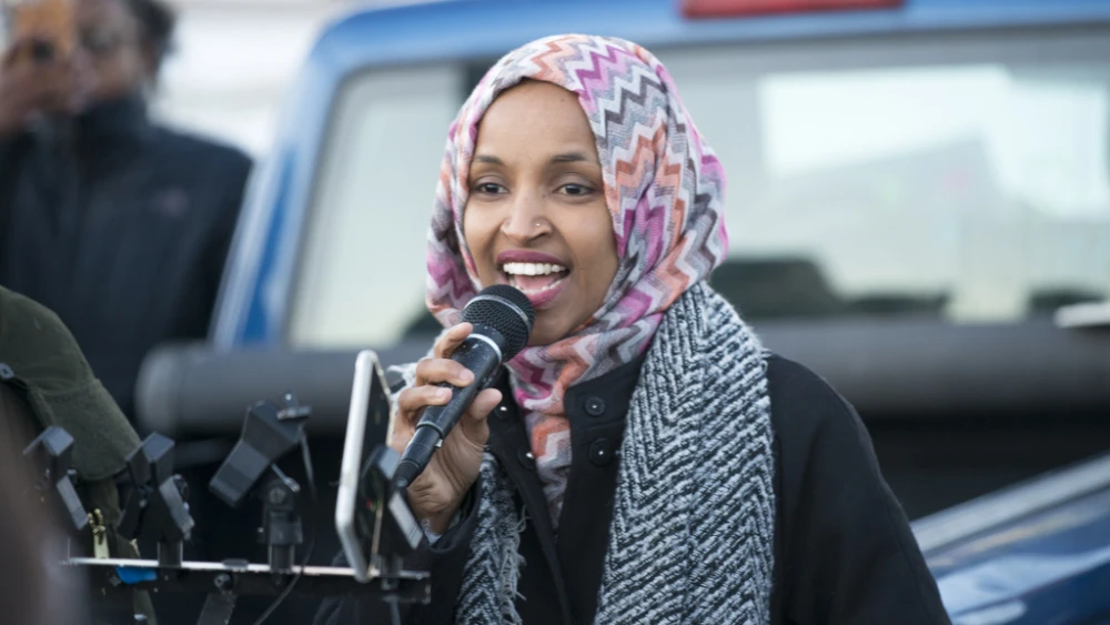 Rep. Ilhan Omar (D.-Minn.) speaks at a workers' protest against Amazon. Credit: Fibonacci Blue via Flickr.