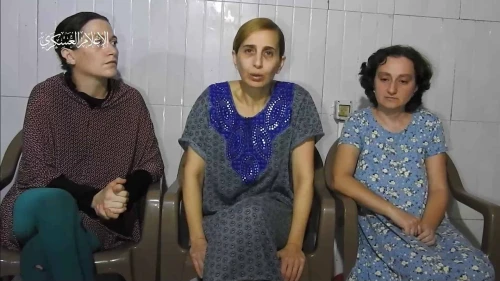 Unverified footage allegedly showing three female Israeli hostages held by Hamas in the Gaza Strip. Source: Screenshot.