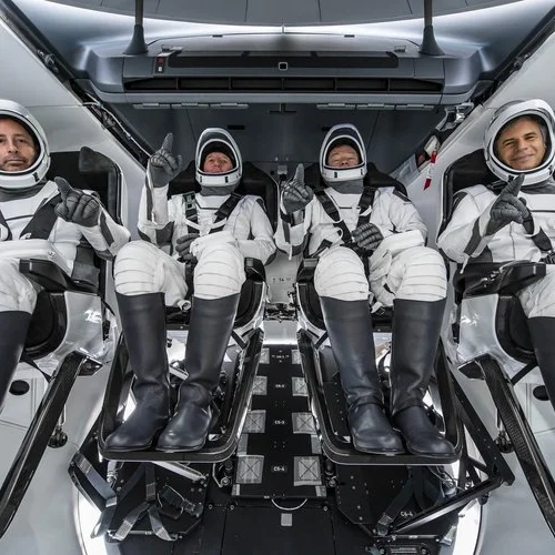 From left: Ax-1 mission specialist Mark Pathy, pilot Larry Connor, commander Michael López-Alegría and mission specialists Eytan Stibbe. Image courtesy of SpaceX.