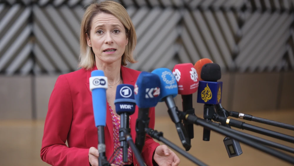EU Commission vice-president, High Representative for Foreign Affairs and Security Policy Kaja Kallas talks to media prior to an informal breakfast with foreign affairs ministers from the six Western Balkans partners on May 11, 2026 in Brussels, Belgium. Photo by Thierry Monasse/Getty Images.