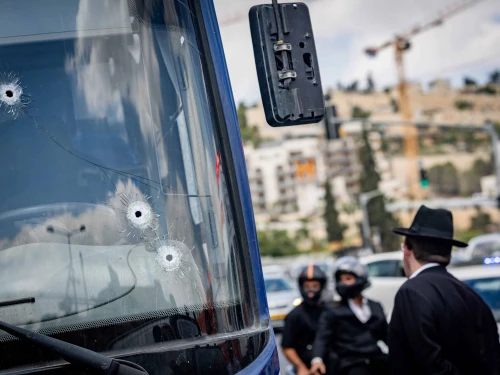 The scene of a terrorist shooting attack at the Ramot Junction near the entrance to Jerusalem, Sept. 8, 2025. Photo by Chaim Goldberg/Flash90.