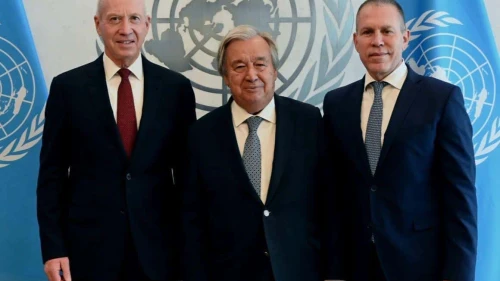 From left: Israeli Defense Minister Yoav Gallant, U.N. Secretary-General António Guterres and Israeli Ambassador to the United Nations Gilad Erdan at U.N. headquarters in New York City on Aug. 28, 2023. Photo by Ariel Hermoni/Defense Ministry.