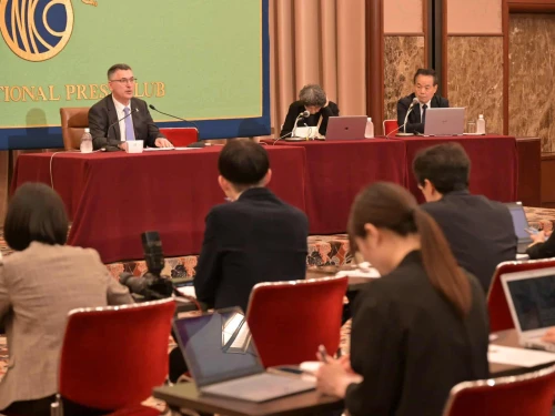 Gideon Sa'ar speak at a news conference in Tokyo on May 14, 2025. Photo credit: The Ministry of Foreign Affairs of the State of Israel.