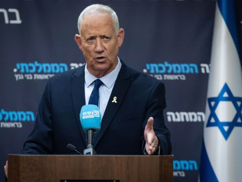 National Unity Party leader Benny Gantz leads a faction meeting at the Knesset in Jerusalem on May 5, 2025. Photo by Yonatan Sindel/Flash90.