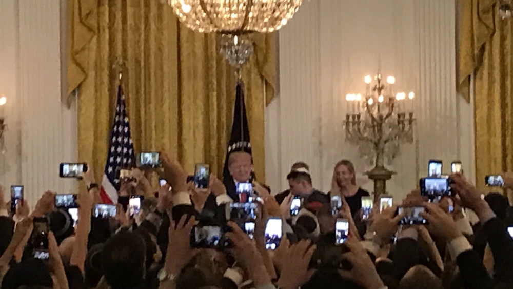 U.S. President Donald Trump addresses guests at the second Hanukkah party the White House hosted on Dec. 6, 2018. Photo by Jackson Richman/JNS.