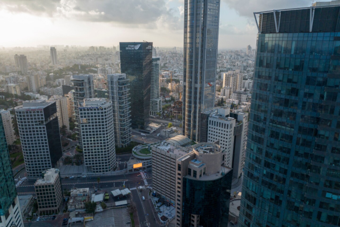 An ariel view shows the The Tel Aviv Stock Exchange and the surroundings, April 20, 2022. Photo by Matanya Tausig/Flash90