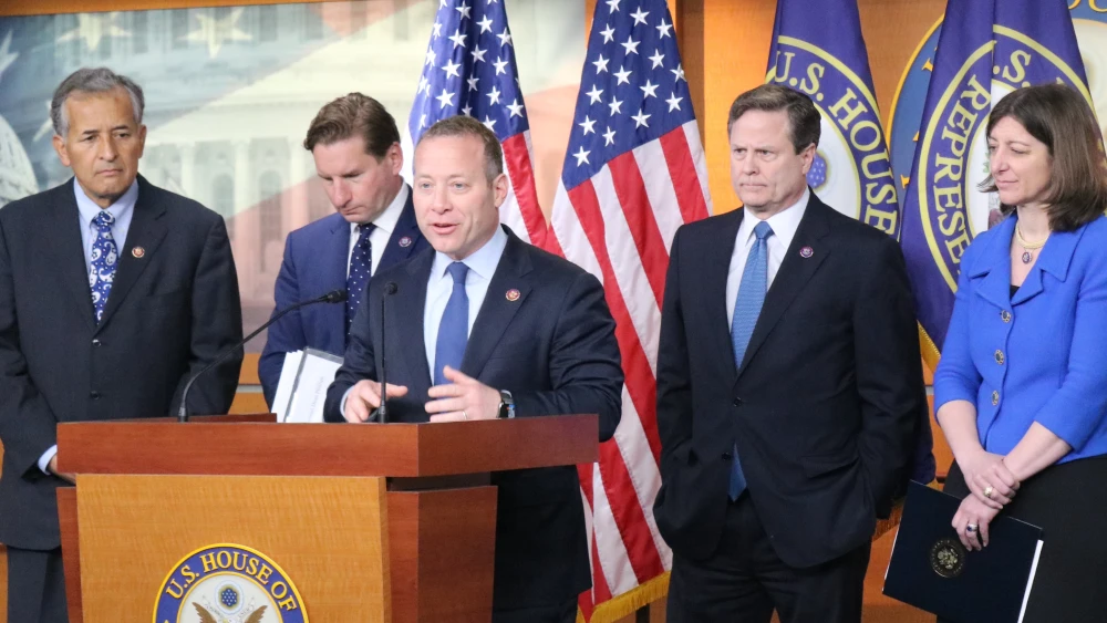 Rep. Josh Gottheimer (D-N.J.) at a press conference on April 6, 2022 about the Iran nuclear deal. Source: Gottheimer/Twitter.