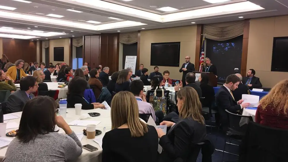 In Washington, D.C., Emily Grabelsky, co-chair of the Domestic Policy and Government Affairs Disability Committee for the Jewish Federations of North America (JFNA), delivers welcome remarks for Jewish Disability Advocacy Day, Feb. 6, 2018. Credit: JFNA via Facebook.