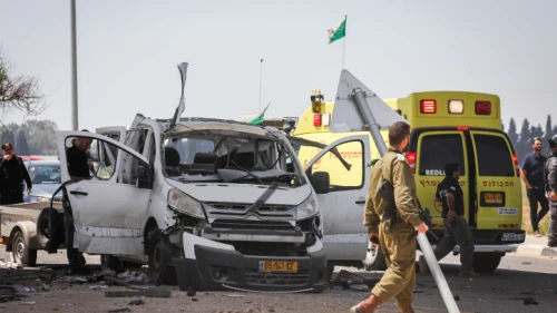 The scene where a car was hit by a rocket fired from the Gaza Strip near the Israeli border on May 5, 2019. Photo by Noam Rivkin Fenton/Flash90.