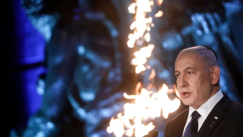 Israeli Prime Minister Benjamin Netanyahu speaks during a ceremony at the Yad Vashem Holocaust Memorial Museum in Jerusalem on April 7, 2021. Photo by Olivier Fitoussi/Flash90.