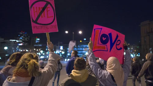 An anti-Trump protest Nov. 9 in St. Paul, Minnesota. Credit: Fibonacci Blue via Wikimedia Commons.