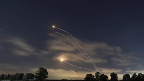 A long-exposure picture showing Israel's Iron Dome anti-missile system intercepting rockets fired from the Gaza Strip, May 13, 2021. Photo by Noam Revkin Fenton/Flash90.
