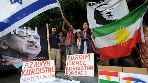 Israelis hold up placards, including a portrait of Turkey's Prime Minister Recep Tayyip Erdogan labeled wanted, during an anti-Turkish protest outside the Turkish embassy in Tel Aviv on July 8, 2010. Credit: Gili Yaari/Flash 90.