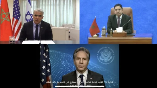 Israeli Foreign Minister Yair Lapid (top left), Morocco's Foreign Minister Nasser Bourita's (top right) and U.S. Secretary of State Antony Blinken (bottom), take part in a virtual meeting on Dec. 22, 2021. Source: Twitter/Yair Lapid.
