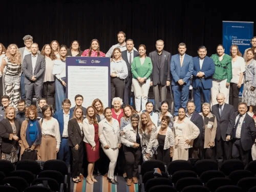 Participants in CAM's fifth-annual Latin American Forum Against Antisemitism, held in Rio de Janeiro, Brazil, stand with the forum's joint declaration, Oct. 13, 2025. Credit: Courtesy.