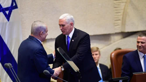U.S. Vice President Mike Pence shakes hands with Israeli Prime Minister Benjamin Netanyahu at the Knesset, Jan. 22, 2018. Credit: Israleli Prime Minister Benjamin Netanyahu official Twitter page.