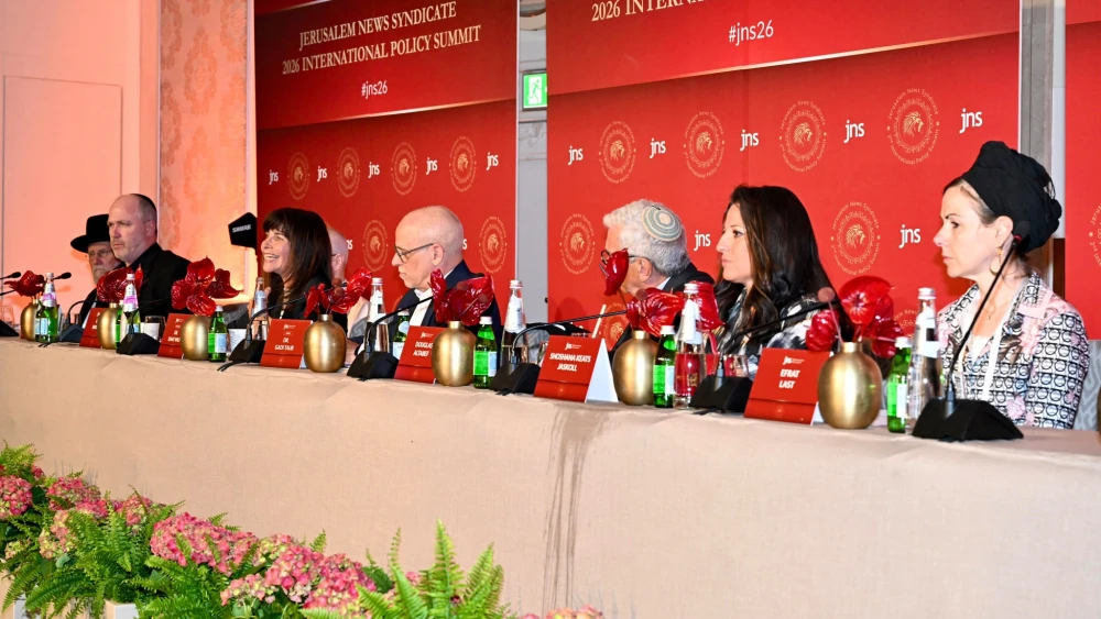 Efrat Last, right, Shoshana Keats Jaskoll, Douglas Altabef, Gadi Taub, Einat Wilf, Ariel Kahana and Rabbi Karmi Gross attend a panel discussion on democracy in Jerusalem, Israel on June 22, 2026. Photo credit: JNS.