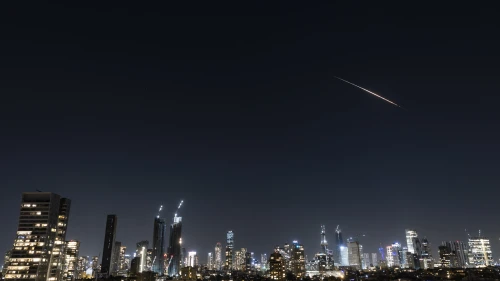 Aerial-defense batteries fire interceptor missiles at incoming Iranian ballistic missiles, as seen over Jerusalem on March 11, 2026. Photo by Chaim Goldberg/Flash90.