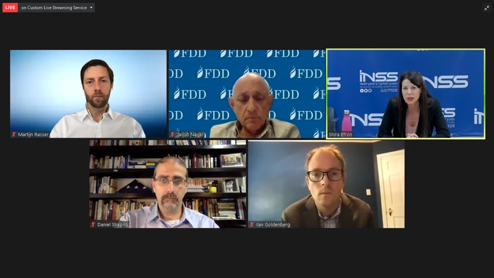 The virtual panel was moderated by Ilan Goldenberg, director and senior fellow of the Middle East security program at the Center for a New American Security (CNAS), and featured former U.S. Ambassador to Israel and distinguished visiting fellow at the Israel-based Institute for National Security Studies (INSS) Daniel Shapiro; Shira Efron, a senior research fellow at INSS; Jacob Nagel, former head of Israel’s National Security Council and a senior fellow at the Foundation for Defense of Democracies; and Martijn Rasser, a senior fellow for the technology and national security program at CNAS. Source: Screenshot.