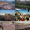 A collage of "Arab Spring" protests. Top right: Tunis, Tunisia. Middle left: Al-Bayda, Libya. Middle-right: San'a, Yemen. Bottom left: Hama, Syria. Bottom right: Karrana, Bahrain. Credit: Wikimedia Commons.