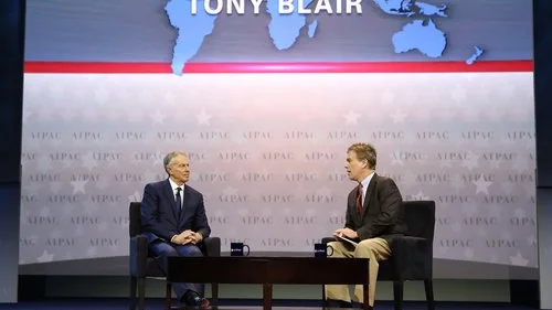 Former British Prime Minister Tony Blair (left) and former CNN correspondent Frank Sesno on the 2017 AIPAC Policy Conference’s stage Sunday. Credit: AIPAC.
