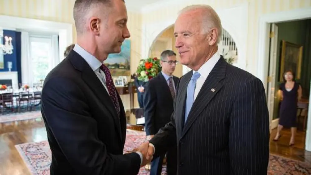 Then-U.S. Vice President Joe Biden meets with Boris Lozhkin, then chief of staff to Ukrainian President Petro Poroshenko, in 2014. Courtesy of the Jewish Confederation of Ukraine.