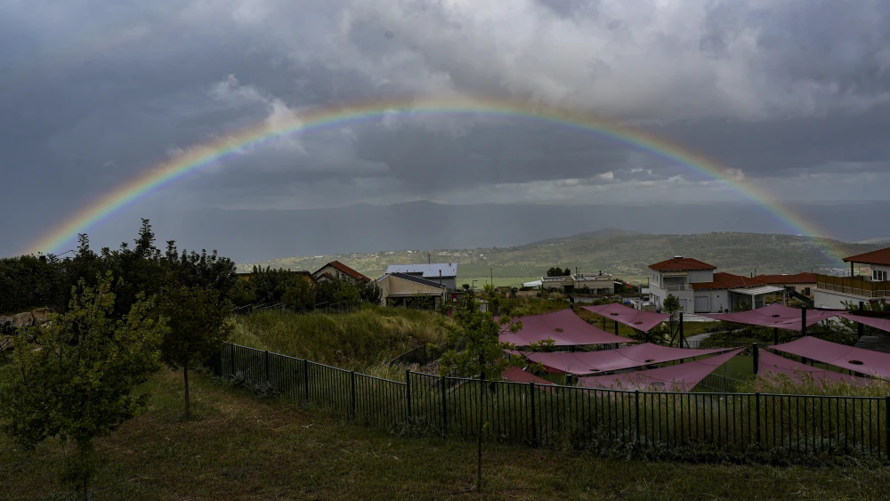 A rainbow appears in the sky in the Upper Galilee, May 4, 2026. Photo by Ayal Margolin/Flash90.