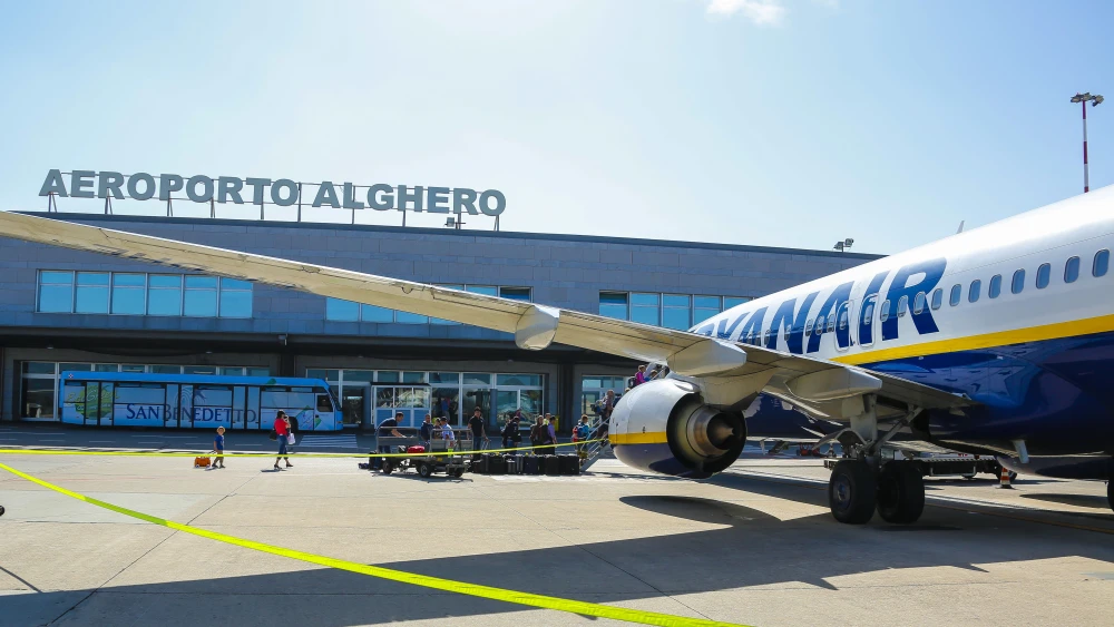 A Ryan Air passenger jet at Alghero Airport in Cagliari, Italy. Photo by EyesWideOpen/Getty Images.