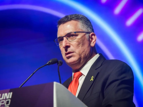 Israeli Foreign Minister Gideon Sa’ar speaks at the Muni Expo 2025 conference in Tel Aviv on July 15, 2025. Photo by Avshalom Sassoni/Flash90.