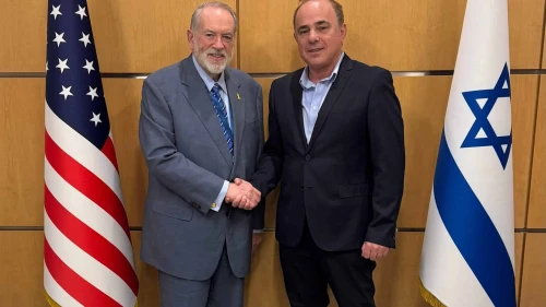 U.S. Ambassador to Israel Mike Huckabee meets Rafael Advanced Defense Systems Chairman and former Israeli Cabinet Minister Yuval Steinitz, July 2, 2025. Credit: U.S. Embassy in Israel.