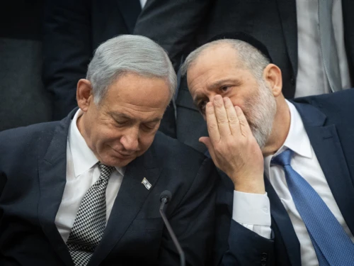 Prime Minister Benjamin Netanyahu and Shas leader Aryeh Deri during a Shas Party meeting at the Knesset, Jan. 23, 2023. Photo by Yonatan Sindel/Flash90.