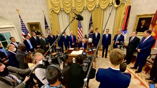 Members of U.S. President Donald Trump's Middle East peace team and foreign dignitaries from the United Arab Emirates gather at the White House on Aug. 13, 2020. Credit: White House Deputy Chief of Staff for Communications Dan Scavino Jr./Twitter.